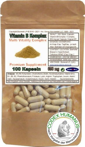 Vegan Kapseln 650 mg Vitamin B Komplex. VITALSTOFFVERSORGUNG VITALITÄT